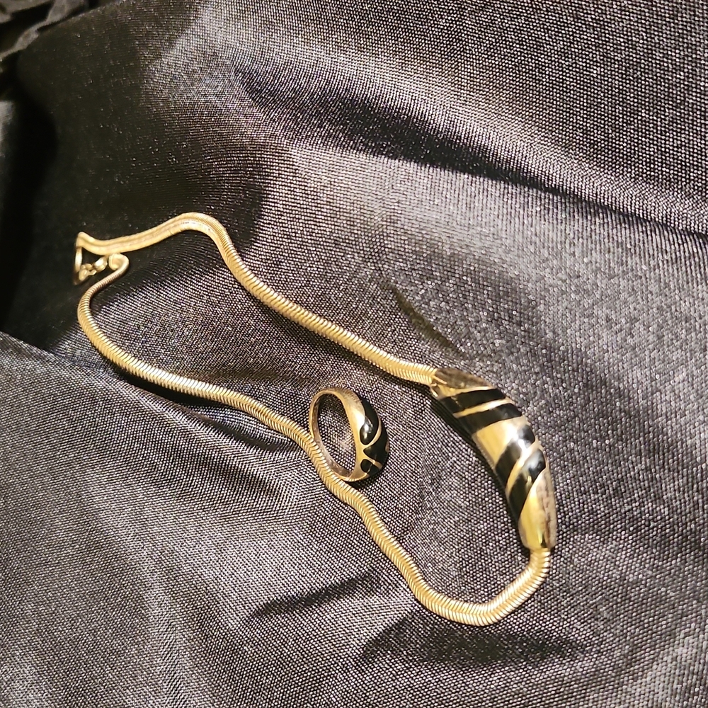 Avon Vintage Goldtone Snake Chain Necklace with Black Inlay + Ring